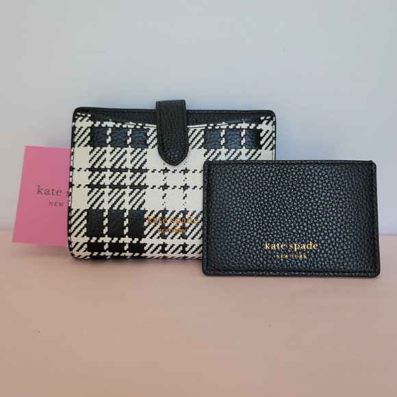 KATE SPADE Hudson SMALL Posh Plaid Embossed Pebbled Leather Bifold Wallet- Black - Picture 1 of 15